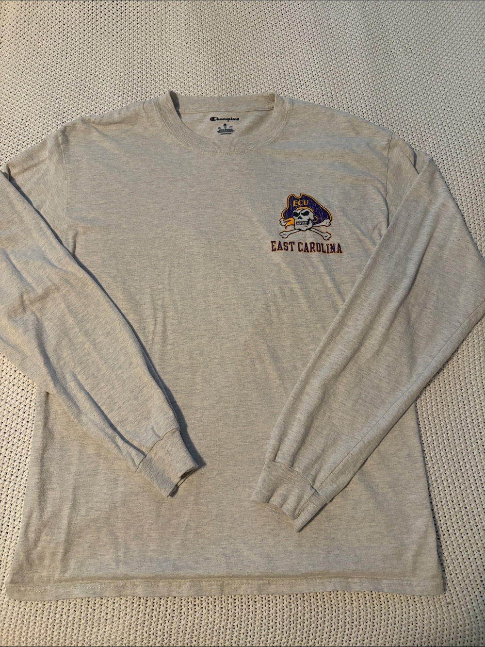 Champion Light Gray Long-Sleeve Tee with Purple & Gold ECU Logo